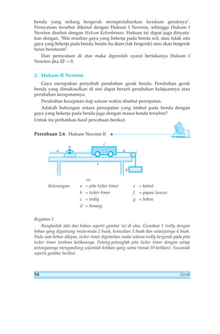 benda yang sedang bergerak mempertahankan keadaan geraknya. 
Pernyataan tersebut dikenal dengan Hukum I Newton, sehingga Hukum I 
Newton disebut dengan Hukum Kelembaman. Hukum ini dapat juga dinyata-kan 
dengan, Bila resultan gaya yang bekerja pada benda nol, atau tidak ada 
gaya yang bekerja pada benda, benda itu diam (tak bergerak) atau akan bergerak 
lurus beraturan. 
Dari pernyataan di atas maka diperoleh syarat berlakunya Hukum I 
Newton jika ΣF = 0. 
2. Hukum II Newton 
Gaya merupakan penyebab perubahan gerak benda. Perubahan gerak 
benda yang dimaksudkan di sini dapat berarti perubahan kelajuannya atau 
perubahan kecepatannya. 
Perubahan kecepatan tiap satuan waktu disebut percepatan. 
Adakah hubungan antara percepatan yang timbul pada benda dengan 
gaya yang bekerja pada benda juga dengan massa benda tersebut? 
Untuk itu perhatikan hasil percobaan berikut. 
Percobaan 2.6: Hukum Newton II 
c 
b 
a d 
(a) 
g 
f 
e 
Keterangan: a = pita ticker timer e = katrol 
b = ticker timer f = papan luncur 
c = trolly g = beban 
d = benang 
Kegiatan I 
Rangkailah alat dan bahan seperti gambar (a) di atas. Gunakan 1 trolly dengan 
beban yang digantung mula-mula 2 buah, kemudian 3 buah dan selanjutnya 4 buah. 
Pada saat beban dilepas, ticker timer digetarkan maka selama trolly bergerak pada pita 
ticker timer terekam ketikannya. Potong-potonglah pita ticker timer dengan setiap 
potongannya mengandung sejumlah ketikan yang sama (misal 10 ketikan). Susunlah 
seperti gambar berikut. 
54 Gerak 
 