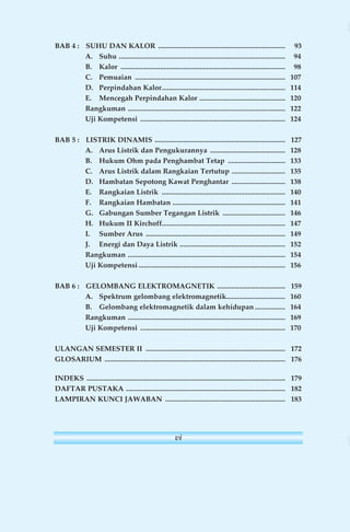 BAB 4 : SUHU DAN KALOR ....................................................................... 93 
A. Suhu ............................................................................................. 94 
B. Kalor ............................................................................................ 98 
C. Pemuaian .................................................................................... 107 
D. Perpindahan Kalor ..................................................................... 114 
E. Mencegah Perpindahan Kalor ................................................ 120 
Rangkuman ........................................................................................ 122 
Uji Kompetensi ................................................................................. 124 
BAB 5 : LISTRIK DINAMIS ......................................................................... 127 
A. Arus Listrik dan Pengukurannya .......................................... 128 
B. Hukum Ohm pada Penghambat Tetap ................................ 133 
C. Arus Listrik dalam Rangkaian Tertutup .............................. 135 
D. Hambatan Sepotong Kawat Penghantar .............................. 138 
E. Rangkaian Listrik ..................................................................... 140 
F. Rangkaian Hambatan ............................................................... 141 
G. Gabungan Sumber Tegangan Listrik ................................... 146 
H. Hukum II Kirchoff..................................................................... 147 
I. Sumber Arus .............................................................................. 149 
J. Energi dan Daya Listrik ........................................................... 152 
Rangkuman ........................................................................................ 154 
Uji Kompetensi .................................................................................. 156 
BAB 6 : GELOMBANG ELEKTROMAGNETIK ...................................... 159 
A. Spektrum gelombang elektromagnetik................................. 160 
B. Gelombang elektromagnetik dalam kehidupan ................. 164 
Rangkuman ........................................................................................ 169 
Uji Kompetensi ................................................................................. 170 
ULANGAN SEMESTER II .............................................................................. 172 
GLOSARIUM ..................................................................................................... 176 
INDEKS ............................................................................................................... 179 
DAFTAR PUSTAKA ......................................................................................... 182 
LAMPIRAN KUNCI JAWABAN ................................................................... 183 
vi 
 
