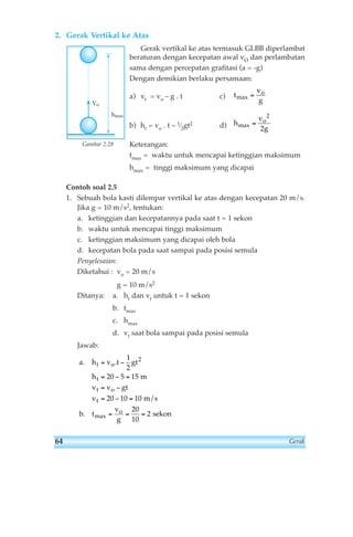 2. Gerak Vertikal ke Atas 
Gerak vertikal ke atas termasuk GLBB diperlambat 
beraturan dengan kecepatan awal vO dan perlambatan 
sama dengan percepatan grafitasi (a = -g) 
Dengan demikian berlaku persamaan: 
a) vt = vo – g . t c) 
b) ht = vo . t – 1⁄2gt2 d) 
Keterangan: 
tmax = waktu untuk mencapai ketinggian maksimum 
hmax = tinggi maksimum yang dicapai 
Gambar 2.28 
Contoh soal 2.5 
1. Sebuah bola kasti dilempar vertikal ke atas dengan kecepatan 20 m/s. 
Jika g = 10 m/s2, tentukan: 
a. ketinggian dan kecepatannya pada saat t = 1 sekon 
b. waktu untuk mencapai tinggi maksimum 
c. ketinggian maksimum yang dicapai oleh bola 
d. kecepatan bola pada saat sampai pada posisi semula 
Penyelesaian: 
Diketahui : vo = 20 m/s 
g = 10 m/s2 
Ditanya: a. ht dan vt untuk t = 1 sekon 
b. tmax 
c. hmax 
d. vt saat bola sampai pada posisi semula 
Jawab: 
a h v t gt 
= − 
= − = 
= − 
= − = 
= = = 
h 
v v gt 
v 
b t 
v 
g 
t o 
t 
t o 
t 
o 
. . 
. max 
1 
2 
20 5 15 
20 10 10 
20 
10 
2 
2 
m 
m/s 
sekon 
h 
v 
o 
g 
max = 
2 
2 
t 
v 
g 
o 
max = 
hmax 
Vo 
64 Gerak 
 