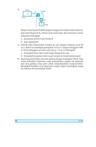 8. 
T 
T 
0.4 kg 
A 
k1 
k2 
licin 
B 0.6kg 
Benda A dan benda B dihubungkan dengan tali melalui katrol diam K1 
dan katrol bergerak K2. Sistem mula-mula diam. Jika kemudian sistem 
dilepaskan hitunglah: 
a. percepatan benda A dan benda B 
b. gaya tegang tali! 
9. Sebuah roket diluncurkan vertikal ke atas dengan kelajuan awal 80 
m/s. Roket ini mendapat percepatan 1,8 m/s2 sampai ketinggian 1000 
m. Pada ketinggian ini roket mati, jika g = 10 m/s2, hitunglah: 
a. berapakah lama roket masih dapat bergerak ke atas 
b. berapakah kecepatan roket sesaat sampai ke tempat peluncuran! 
10. Seseorang jatuh bebas dari atas gedung dengan ketinggian 180 m. Tiga 
sekon kemudian Superman yang menyaksikan adegan itu meloncat 
dari atas gedung yang sama untuk menyelamatkan orang tersebut. 
Berapakah kelajuan awal Superman supaya dapat menangkap orang 
itu sebelum dia menumbuk tanah? 
72 Gerak 
 