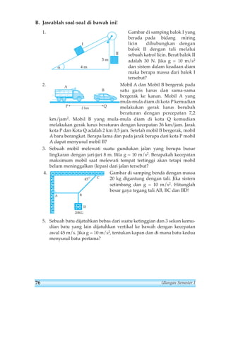 B. Jawablah soal-soal di bawah ini! 
1. Gambar di samping balok I yang 
berada pada bidang miring 
licin dihubungkan dengan 
balok II dengan tali melalui 
sebuah katrol licin. Berat balok II 
adalah 30 N. Jika g = 10 m/s2 
dan sistem dalam keadaan diam 
maka berapa massa dari balok I 
tersebut? 
I 
α 4 m 
3 m 
II 
2. Mobil A dan Mobil B bergerak pada 
satu garis lurus dan sama-sama 
bergerak ke kanan. Mobil A yang 
mula-mula diam di kota P kemudian 
melakukan gerak lurus berubah 
beraturan dengan percepatan 7,2 
A 
B 
P 2 km Q 
km/jam2. Mobil B yang mula-mula diam di kota Q kemudian 
melakukan gerak lurus beraturan dengan kecepatan 36 km/jam. Jarak 
kota P dan Kota Q adalah 2 km 0,5 jam. Setelah mobil B bergerak, mobil 
Abaru berangkat. Berapa lama dan pada jarak berapa dari kota Pmobil 
A dapat menyusul mobil B? 
3. Sebuah mobil melewati suatu gundukan jalan yang berupa busur 
lingkaran dengan jari-jari 8 m. Bila g = 10 m/s2. Berapakah kecepatan 
maksimum mobil saat melewati tempat tertinggi akan tetapi mobil 
belum meninggalkan (lepas) dari jalan tersebut? 
4. Gambar di samping benda dengan massa 
20 kg digantung dengan tali. Jika sistem 
setimbang dan g = 10 m/s2. Hitunglah 
besar gaya tegang tali AB, BC dan BD! 
45O 
A B 
20KG 
C 
D 
5. Sebuah batu dijatuhkan bebas dari suatu ketinggian dan 3 sekon kemu-dian 
batu yang lain dijatuhkan vertikal ke bawah dengan kecepatan 
awal 45 m/s. Jika g = 10 m/s2, tentukan kapan dan di mana batu kedua 
menyusul batu pertama? 
76 Ulangan Semester I 
 