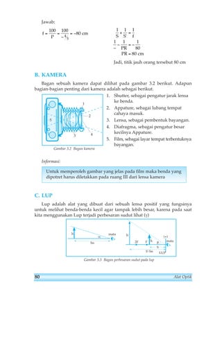 Jawab: 
1 1 1 
+ = 
1 1 1 
− =− 
Jadi, titik jauh orang tersebut 80 cm 
= = 
B. KAMERA 
Bagan sebuah kamera dapat dilihat pada gambar 3.2 berikut. Adapun 
bagian-bagian penting dari kamera adalah sebagai berikut. 
1. Shutter, sebagai pengatur jarak lensa 
ke benda. 
2. Appature, sebagai lubang tempat 
cahaya masuk. 
3. Lensa, sebagai pembentuk bayangan. 
4. Diafragma, sebagai pengatur besar 
kecilnya Appature. 
5. Film, sebagai layar tempat terbentuknya 
bayangan. 
Informasi: 
Untuk memperoleh gambar yang jelas pada film maka benda yang 
dipotret harus diletakkan pada ruang III dari lensa kamera 
C. LUP 
Lup adalah alat yang dibuat dari sebuah lensa positif yang fungsinya 
untuk melihat benda-benda kecil agar tampak lebih besar, karena pada saat 
kita menggunakan Lup terjadi perbesaran sudut lihat (γ) 
Gambar 3.3 Bagan perbesaran sudut pada lup 
mata 
S'-Sn 
h' 
β 
(+) 
2F F 
LUP 
S 
h 
mata 
Sn 
h 
α 
S S f 
PR 
PR 
= 
80 
80 
cm 
' 
~ 
f 
P 
− 
= − 
100 100 
80 4 
5 
cm 
1 
2 
5 
3 4 
Gambar 3.2 Bagan kamera 
80 Alat Optik 
 