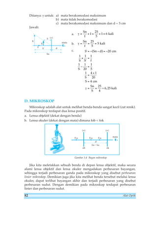 Ditanya: γ untuk: a) mata berakomodasi maksimum 
b) mata tidak berakomodasi 
c) mata berakomodasi maksimum dan d = 5 cm 
Jawab: 
a. 
b. 
c. 
S 
h 
S' 
F d 
Sn 
h' 
(+) 
D. MIKROSKOP 
Sn 
f 
1 
25 
5 
1 6 kali 
γ= + = + = 
Sn 
f 
25 
5 
γ = = = 
5 kali 
S ' 
Sn d 
( ) 20 
= − − = − 
1 1 1 
+ = 
S S f 
1 1 
S 
' 
− = 
20 
1 4 1 
S 
S 
+ 
1 
5 
20 
4 
cm 
= 
= = 
Sn 
S 
= 
25 
4 
cm 
γ = 6,25 kali 
mata 
Mikroskop adalah alat untuk melihat benda-benda sangat kecil (zat renik). 
Pada mikroskop terdapat dua lensa positif. 
a. Lensa objektif (dekat dengan benda) 
b. Lensa okuler (dekat dengan mata) dimana fob  fok 
(+) 
Fob 
(+) 
Fok 
d 
fob  fok 
ob ok 
Fob 
Gambar 3.4 Bagan mikroskop 
mata 
Jika kita meletakkan sebuah benda di depan lensa objektif, maka secara 
alami lensa objektif dan lensa okuler mengadakan perbesaran bayangan, 
sehingga terjadi perbesaran ganda pada mikroskop yang disebut perbesaran 
linier mikroskop. Demikian juga jika kita melihat benda tersebut melalui lensa 
okuler, dapat terlihat bayangan akhir dan terjadi perbesaran yang disebut 
perbesaran sudut. Dengan demikian pada mikroskop terdapat perbesaran 
linier dan perbesaran sudut. 
82 Alat Optik 
 
