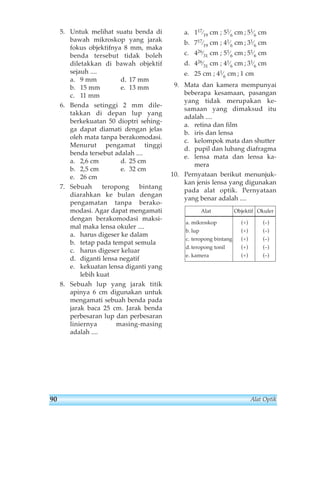 5. Untuk melihat suatu benda di 
bawah mikroskop yang jarak 
fokus objektifnya 8 mm, maka 
benda tersebut tidak boleh 
diletakkan di bawah objektif 
sejauh .... 
a. 9 mm d. 17 mm 
b. 15 mm e. 13 mm 
c. 11 mm 
6. Benda setinggi 2 mm dile-takkan 
di depan lup yang 
berkekuatan 50 dioptri sehing-ga 
dapat diamati dengan jelas 
oleh mata tanpa berakomodasi. 
Menurut pengamat tinggi 
benda tersebut adalah .... 
a. 2,6 cm d. 25 cm 
b. 2,5 cm e. 32 cm 
e. 26 cm 
7. Sebuah teropong bintang 
diarahkan ke bulan dengan 
pengamatan tanpa berako-modasi. 
Agar dapat mengamati 
dengan berakomodasi maksi-mal 
maka lensa okuler .... 
a. harus digeser ke dalam 
b. tetap pada tempat semula 
c. harus digeser keluar 
d. diganti lensa negatif 
e. kekuatan lensa diganti yang 
lebih kuat 
8. Sebuah lup yang jarak titik 
apinya 6 cm digunakan untuk 
mengamati sebuah benda pada 
jarak baca 25 cm. Jarak benda 
perbesaran lup dan perbesaran 
liniernya masing-masing 
adalah .... 
a. 117⁄19 cm ; 51⁄6 cm ; 51⁄6 cm 
b. 717⁄19 cm ; 41⁄6 cm ; 31⁄6 cm 
c. 426⁄31 cm ; 51⁄6 cm ; 51⁄6 cm 
d. 426⁄31 cm ; 41⁄6 cm ; 31⁄6 cm 
e. 25 cm ; 41⁄6 cm ; 1 cm 
9. Mata dan kamera mempunyai 
beberapa kesamaan, pasangan 
yang tidak merupakan ke-samaan 
yang dimaksud itu 
adalah .... 
a. retina dan film 
b. iris dan lensa 
c. kelompok mata dan shutter 
d. pupil dan lubang diafragma 
e. lensa mata dan lensa ka-mera 
10. Pernyataan berikut menunjuk-kan 
jenis lensa yang digunakan 
pada alat optik. Pernyataan 
yang benar adalah .... 
Alat Objektif Okuler 
a. mikroskop (+) (–) 
b. lup (+) (–) 
c. teropong bintang (+) (–) 
d. teropong tonil (+) (–) 
e. kamera (+) (–) 
90 Alat Optik 
 