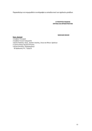 43
Παρακαλούμε να ενημερωθούν ενυπόγραφα οι εκπαιδευτικοί των σχολικών μονάδων.
Ο ΥΠΟΥΡΓΟΣ ΠΑΙΔΕΙΑΣ
ΕΡΕΥΝΑΣ ΚΑΙ ΘΡΗΣΚΕΥΜΑΤΩΝ
ΝΙΚΟΛΑΟΣ ΦΙΛΗΣ
Εσωτ. Διανομή
1.Γραφείο Υπουργού
2.Γραφείο Γενικού Γραμματέα
3.Δ/νση Παιδείας, Ομογ., Διαπολ. Εκπ/σης, Ξένων και Μειον. Σχολείων
4. Δ/νση Ειδικής Αγωγής & Εκ/σης
5.Δ/νση Σπουδών, Προγραμμάτων
& Οργάνωσης Π.Ε., Τμήμα Α
 