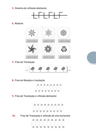 5. Simetria de reflexão deslizante
6. Rosácea
7. Friso de Translação
8. Friso de Rotação e translação
9. Friso de Translação e reflexão deslizante
10. Friso de Translação e reflexão do eixo horizontal
 