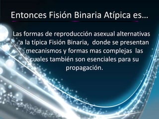 Entonces Fisión Binaria Atípica es…Las formas de reproducción asexual alternativas a la típica Fisión Binaria,  donde se presentan mecanismos y formas mas complejas  las cuales también son esenciales para su propagación.
