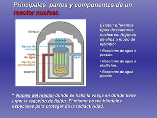 Principales  partes y componentes de un  reactor nuclear. Núcleo del reactor  donde se halla la  vasija  en donde tiene lugar la  reacción de fisión . El mismo posee blindajes especiales para proteger de la radiactividad. Existen diferentes tipos de reactores nucleares.  Algunos  de ellos a modo de ejemplo: Reactores de agua a presión. Reactores de agua a ebullición. Reactores de agua pesada. 