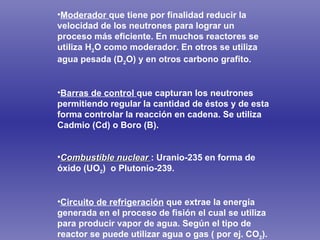 Moderador  que tiene por finalidad reducir la velocidad de los neutrones para lograr un proceso más eficiente. En muchos reactores se utiliza H 2 O como moderador. En otros se utiliza agua pesada (D 2 O) y en otros carbono grafito.  Barras de control  que capturan los neutrones permitiendo regular la cantidad de éstos y de esta forma controlar la reacción en cadena. Se utiliza Cadmio (Cd) o Boro (B). Combustible nuclear  : Uranio-235 en forma de óxido (UO 2 )   o Plutonio-239. Circuito de refrigeración  que extrae la energía  generada en el proceso de fisión el cual se utiliza para producir vapor de agua. Según el tipo de reactor se puede utilizar agua o gas ( por ej. CO 2 ). 