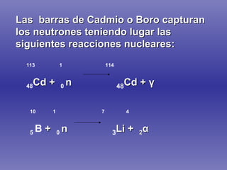 Las  barras de Cadmio o Boro capturan los neutrones teniendo lugar las siguientes reacciones nucleares: 113  1  114 48 Cd +  0  n  48 Cd +  ү 10  1  7  4 5  B  +  0  n  3 Li +  2 α 