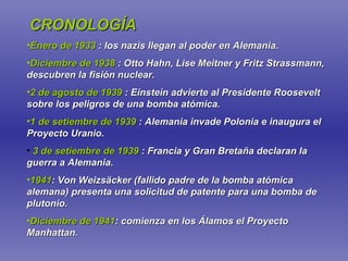 CRONOLOGÍA Enero de 1933   : los nazis llegan al poder en Alemania. Diciembre de 1938   : Otto Hahn, Lise Meitner y Fritz Strassmann, descubren la fisión nuclear. 2 de agosto de 1939   : Einstein advierte al Presidente Roosevelt sobre los peligros de una bomba atómica. 1 de setiembre de 1939   : Alemania invade Polonia e inaugura el Proyecto Uranio. 3 de setiembre de 1939   : Francia y Gran Bretaña declaran la guerra a Alemania. 1941 : Von Weizsäcker (fallido padre de la bomba atómica alemana) presenta una solicitud de patente para una bomba de plutonio. Diciembre de 1941 : comienza en los Álamos el Proyecto Manhattan. 