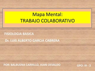 Mapa Mental:
          TRABAJO COLABORATIVO

FISIOLOGIA BASICA
Dr. LUIS ALBERTO GARCIA CABRERA




POR: BALBUENA CARRILLO, JUAN OSVALDO   GPO: III - 3
 