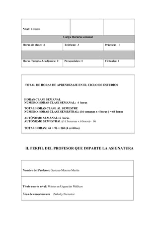 Nivel: Tercero
Carga Horaria semanal
Horas de clase: 4 Teóricas: 3 Práctica: 1
Horas Tutoría Académica: 2 Presenciales: 1 Virtuales: 1
TOTAL DE HORAS DE APRENDIZAJE EN EL CICLO DE ESTUDIOS
HORAS CLASE SEMANAL
NÚMERO HORAS CLASE SEMANAL: 4 horas
TOTAL HORAS CLASE AL SEMESTRE
NÚMERO HORAS CLASE SEMESTRAL: (16 semanas x 4 horas ) = 64 horas
AUTÓNOMO SEMANAL: 6 horas
AUTÓNOMO SEMESTRAL:(16 Semanas x 6 horas)= 96
TOTAL HORAS: 64 + 96 = 160 (4 créditos)
II. PERFIL DEL PROFESOR QUE IMPARTE LA ASIGNATURA
Nombre del Profesor: Gustavo Moreno Martín
Título cuarto nivel: Máster en Urgencias Médicas
Área de conocimiento :Salud y Bienestar.
 