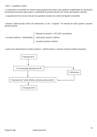 13
Thiago M. Zago medUnicamp XLVI
- [Na+
]→ regulação{ renina
- as alterações na atividade do sistema renina-angiotensina atuam como poderoso amplificador do mecanismo
de natriurese de pressão para manter a estabilidade da pressão arterial e do volume dos líquidos corporais
- a angiotensina II em excesso não provoca grandes aumentos do volume do líquido extracelular
- durante a hipersecreção crônica de aldosterona, os rins ‘’escapam’’ da retenção de sódio quando a pressão
arterial aumenta
- filtração do potássio→ FG X [K+
plasmática]
- excreção{ potássio→ determinada - reabsorção{ potássio{ túbulos
- secreção{ potássio{ túbulos
- pontos mais importantes[ excreção{ potássio→ túbulos distais e coletores corticais (células principais)
↑ Ingestão de K+
↑ Concentração plasmática de K+
↑ Aldosterona
↑ Secreção de K+
pelos túbulos coletores corticais de K+
↑ Excreção de K+
 