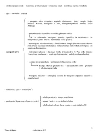 6
Thiago M. Zago medUnicamp XLVI
- substância reabsorvida→ membrana epitelial tubular→ interstício renal→ membrana capilar peritubular
- água→ absorvida{ osmose
- transporte ativo primário→ acoplado diretamente{ fonte{ energia (sódio-
potássio ATPase, hidrogênio ATPase, hidrogênio-potássio ATPase, cálcio
ATPase)
- transporte ativo secundário→ devido{ gradiente iônico
2/+ substâncias interagem{ proteína específica da membrana→ co-
transportadas juntas através{ membrana ( sódio/ glicose)
- no transporte ativo secundário, a fonte direta de energia provém daquela liberada
pela difusão facilitada simultânea de outra substância transportada ao longo do seu
gradiente eletroquímico
- transporte ativo - reabsorção{ glicose→ depende{ bomba primária ativa ATPase sódio-potássio
{ membrana basolateral→ gradiente eletroquímico{ sódio{ membrana luminal
- secreção ativa secundária→ contratransporte com íons sódio
Energia liberada gradiente Na+
→ deslocamento contra{ gradiente
{ substância excretada
- transporte máximo→ saturação{ sistema de transporte específico (excede a
carga tubular)
- reabsorção{ água→ osmose (Na+
)
- túbulo proximal→ alta permeabilidade
- movimento{ água→ membrana permeável - alça de Henle→ permeabilidade baixa
- túbulo distal, coletor, ducto coletor→ controlada{ ADH
 
