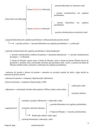 9
Thiago M. Zago medUnicamp XLVI
- pressão hidrostática no interstício renal
- forças favoráveis{ reabsorção
- pressão coloidosmótica nos capilares
peritubulares
- força efetiva de reabsorção
- pressão hidrostática nos capilares
peritubulares
- forças contrárias{ reabsorção
- pressão coloidosmótica no interstício renal
- a pressão hidrostática dos capilares peritubulares é influenciada pela pressão arterial
↑ pressão arterial→ ↑ pressão hidrostática nos capilares peritubulares→ ↓ reabsorção
- a pressão coloidosmótica dos capilares peritubulares é determinada pela:
1- pressão coloidosmótica sistêmica do plasma{ ↑ [proteínas plasmáticas] → ↑ pressão coloidosmótica
do sangue→ ↑ reabsorção
2- fração de filtração, quanto maior a fração de filtração, maior a fração do plasma filtrado através do
glomérulo e, portanto, mais concentrada a proteína que permanece atrás. Assim, o aumento da fração de
filtração também tende a aumentar a reabsorção dos capilares peritubulares.
- natriurese de pressão e diurese de pressão→ aumentos na excreção urinária de sódio e água devido ao
aumento de pressão arterial
- natriurese de pressão→ compensa{ hipersecreção{ aldosterona
- diurese de pressão→ compensa{ hipersecreção{ ADH
- reabsorção{ sódio
- aldosterona→ estimulação{ bomba sódio-potássio ATPase{ túbulo coletor distal
- secreção{ potássio
- estimula{ secreção{ aldosterona→ reabsorção{ sódio
- ↓ pressão hidrostática nos capilares peritubulares
- angiotensina II - contrição{ arteríolas eferentes
- ↑ fração de filtração→ ↑ pressão coloidosmótica
Reabsorção tubular{ sódio, água
- estimula diretamente{ reabsorção{ sódio
 