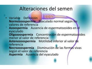 Alteraciones del semen
• Variable Definición
Normozoospermia Eyaculado normal según los
valores de referencia
Azoospermia Ausencia de espermatozoides en el
eyaculado
Oligozoospermia Concentración de espermatozoides
menor al valor de referencia
Astenozoospermia Motilidad inferior al valor de
referencia
Necrozoospermia Disminución de las formas vivas
según el valor de referencia
Aspermia Ausencia del eyaculado
 
