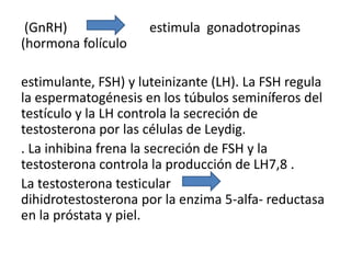 (GnRH) estimula gonadotropinas
(hormona folículo
estimulante, FSH) y luteinizante (LH). La FSH regula
la espermatogénesis en los túbulos seminíferos del
testículo y la LH controla la secreción de
testosterona por las células de Leydig.
. La inhibina frena la secreción de FSH y la
testosterona controla la producción de LH7,8 .
La testosterona testicular
dihidrotestosterona por la enzima 5-alfa- reductasa
en la próstata y piel.
 