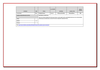 AUTOR/ES AÑO TÍTULO
No. EDICIÓN
EDITORIAL CIUDAD / PAÍS
No. de
PÁGINAS
Ira Fox Stuart 2011 Fisiología Humana 12a. ed. McGraw-Hill. México México/México 808
CODIGO/ UBICACIÓN BASE DE DATOS: BIBLIOGRAFIA COMENTADA:
Libro con un alcance amplio de los temas que incluye, su autor sugiere cubrir a profundidad cada tema con un nivel de detalle
suficiente para así proporcionar una base firme para la expansión y aplicación futura.FISICO:
DIGITAL: X
VIRTUAL:
URL: http://www.freelibros.org/medicina/fisiologia-humana-12va-edicion-stuart-ira-fox.html
 