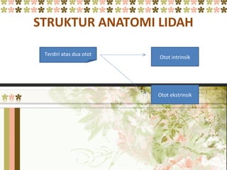 STRUKTUR ANATOMI LIDAH
Terdiri atas dua otot
Otot intrinsik
Otot ekstrinsik
 