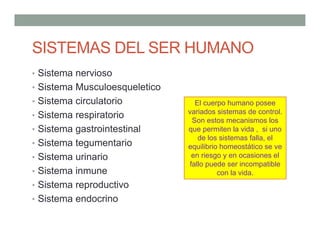 SISTEMAS DEL SER HUMANO
• Sistema nervioso
• Sistema Musculoesqueletico
• Sistema circulatorio
• Sistema respiratorio
• Sistema gastrointestinal
• Sistema tegumentario
• Sistema urinario
• Sistema inmune
• Sistema reproductivo
• Sistema endocrino
El cuerpo humano posee
variados sistemas de control.
Son estos mecanismos los
que permiten la vida , si uno
de los sistemas falla, el
equilibrio homeostático se ve
en riesgo y en ocasiones el
fallo puede ser incompatible
con la vida.
 
