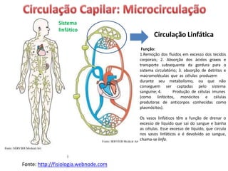 Fonte: http://fisiologia.webnode.com
Sistema
linfático
Circulação Linfática
Função:
1.Remoção dos fluidos em excesso dos tecidos
corporais; 2. Absorção dos ácidos graxos e
transporte subsequente da gordura para o
sistema circulatório; 3. absorção de detritos e
macromoléculas que as células produzem
durante seu metabolismo, ou que não
pelo sistema
conseguem ser captadas
sanguíne; 4. Produção de células imunes
(como linfócitos, monócitos e células
produtoras de anticorpos conhecidas como
plasmócitos).
Os vasos linfáticos têm a função de drenar o
excesso de líquido que sai do sangue e banha
as células. Esse excesso de líquido, que circula
nos vasos linfáticos e é devolvido ao sangue,
chama-se linfa.
 