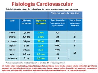 Todos os vasos de cada tipo
Vaso Diâmetro
do lúmen
Espessura
da parede
Área de secção
Transversal total
aproximada
% de volume
sanguíneo
contido*
aorta 2,5 cm 2 mm 4,5 2
artéria 0,4 cm 1 mm 20 8
arteríola 30 m 20 m 400 1
capilar 5 m 1 m 4000 5
vênula 20 m 2 m 4000
54
veia 0,5 cm 0,5 mm 40
veia cava 3 cm 1,5 mm 18
Tabela 1: Características de vários tipos de vasos sanguíneos em seres humanos
*Em vasos sanguíneos; há um adicional de 12% no coração e 18% na circulação pulmonar
Em muitos leitos vasculares (e.g. músculos esquelético, cardíaco e liso) a junção entre as células endoteliais permitem a
passagem de moléculas de até 10 nm de diâmetro. Logo plasma e suas proteínas dissolvidas são podem ser captados por
endocitose, transportados pelas células endoteliais e descarregados por exocitose ( i.e. transporte vesicular)
 
