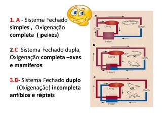 1. A - Sistema Fechado 
simples , Oxigenação 
completa ( peixes) 
2.C Sistema Fechado dupla, 
Oxigenação completa –aves 
e mamíferos 
3.B- Sistema Fechado duplo 
(Oxigenação) incompleta 
anfíbios e répteis 
 