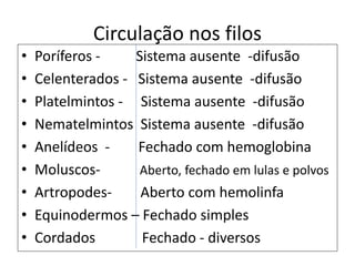 Circulação nos filos
• Poríferos - Sistema ausente -difusão
• Celenterados - Sistema ausente -difusão
• Platelmintos - Sistema ausente -difusão
• Nematelmintos Sistema ausente -difusão
• Anelídeos - Fechado com hemoglobina
• Moluscos- Aberto, fechado em lulas e polvos
• Artropodes- Aberto com hemolinfa
• Equinodermos – Fechado simples
• Cordados Fechado - diversos
 