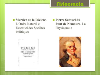 Fisiocracia

 Mercier de la Rivière-    PierreSamuel du
 L’Ordre Naturel et          Pont de Nemours- La
 Essentiel des Sociétés      Physiocratie
 Politiques
 