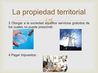La propiedad territorial 
 
3 Otorgar a la sociedad aquellos servicios gratuitos de 
los cuales no puede prescindir. 
4 Pagar impuestos: 
 