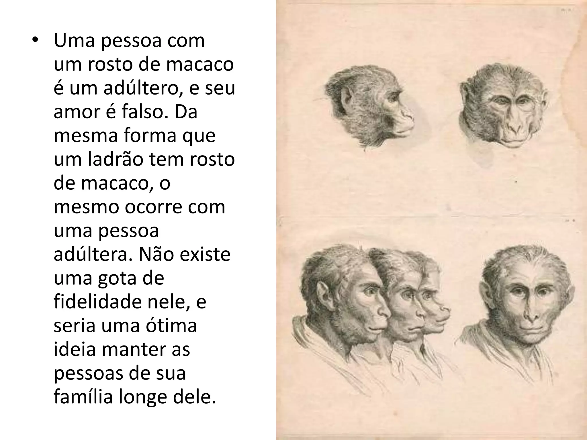 • Uma pessoa com
  um rosto de macaco
  é um adúltero, e seu
  amor é falso. Da
  mesma forma que
  um ladrão tem rosto
  de macaco, o
  mesmo ocorre com
  uma pessoa
  adúltera. Não existe
  uma gota de
  fidelidade nele, e
  seria uma ótima
  ideia manter as
  pessoas de sua
  família longe dele.
 