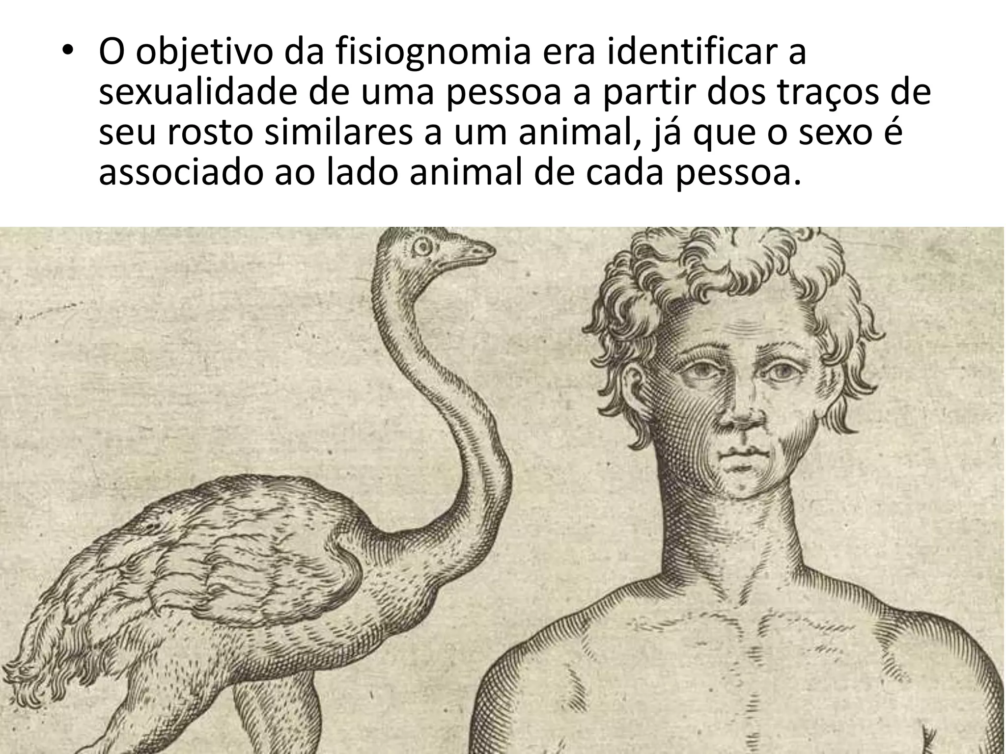 • O objetivo da fisiognomia era identificar a
  sexualidade de uma pessoa a partir dos traços de
  seu rosto similares a um animal, já que o sexo é
  associado ao lado animal de cada pessoa.
 