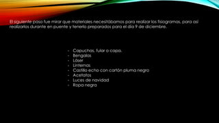 El siguiente paso fue mirar que materiales necesitábamos para realizar los fisiogramas, para así
realizarlos durante en puente y tenerlo preparados para el día 9 de diciembre.
- Capuchas, fular o capa.
- Bengalas
- Láser
- Linternas
- Castillo echo con cartón pluma negro
- Acetatos
- Luces de navidad
- Ropa negra
 