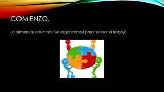 COMIENZO.
Lo primero que hicimos fue organizarnos para realizar el trabajo.
 
