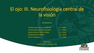 El ojo: III. Neurofisiología central de
la visión
INTEGRANTES:
-JEYSON JAIME HUILLCA CONDORI C.E. 77065
-JEHUD AARON BALBIN CAHUANA C.E. 79910
-MILENY VALERY CIERTO ISIDRO C.E. 79909
-ROCÍO BAUTISTA PARRA C.E. 65244
-Antonio Rodrigues C.E. 73903
MEDICINA
SANTA CRUZ – UDABOL 2022
 