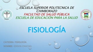 ESCUELA SUPERIOR POLITECNICA DE
CHIMBORAZO
FACULTAD DE SALUD PÚBLICA
ESCUELA DE EDUCACIÓN PARA LA SALUD
FISIOLOGÍA
CATEDRA: FISIOLOGÌA
NOMBRE: EDISON CHUCHO.
 