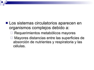 Los sistemas circulatorios aparecen en organismos complejos debido a: Requerimientos metabólicos mayores Mayores distancias entre las superficies de absorción de nutrientes y respiratoria y las células. 