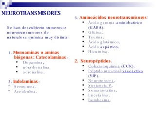 1.  Monoaminas o aminas biógenas: Catecolaminas :  Dopamina ,  noradrenalina adrenalina .  2.  Indolaminas :  Serotonina .  Acetilcolina .  3.  Aminoácidos neurotransmisores :  Ácido gamma- aminobutírico  (GABA).  Glicina .  Taurina .  Ácido glutámico .  Ácido  aspártico .  Histamina .  Neuropéptidos :  Colecistoquinina  (CCK).  Péptido intestinal  vasoactivo  (VIP).  Neurotensina .  Sustancia P .  Somatostatina .  Encefalina .  Bombesina .  Se han descubierto numerosos neurotransmisores de  naturaleza química muy distinta NEUROTRANSMISORES 