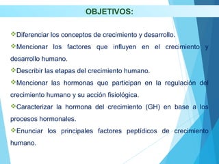 OBJETIVOS:
Diferenciar los conceptos de crecimiento y desarrollo.
Mencionar los factores que influyen en el crecimiento y
desarrollo humano.
Describir las etapas del crecimiento humano.
Mencionar las hormonas que participan en la regulación del
crecimiento humano y su acción fisiológica.
Caracterizar la hormona del crecimiento (GH) en base a los
procesos hormonales.
Enunciar los principales factores peptídicos de crecimiento
humano.
 