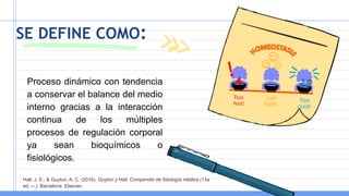 SE DEFINE COMO:
Proceso dinámico con tendencia
a conservar el balance del medio
interno gracias a la interacción
continua de los múltiples
procesos de regulación corporal
ya sean bioquímicos o
fisiológicos.
Hall, J. E., & Guyton, A. C. (2016). Guyton y Hall: Compendio de fisiología médica (13a
ed. --.). Barcelona: Elsevier.
 
