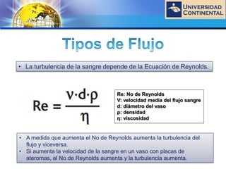 LOGO
• La turbulencia de la sangre depende de la Ecuación de Reynolds.
• A medida que aumenta el No de Reynolds aumenta la turbulencia del
flujo y viceversa.
• Si aumenta la velocidad de la sangre en un vaso con placas de
ateromas, el No de Reynolds aumenta y la turbulencia aumenta.
Re: No de Reynolds
V: velocidad media del flujo sangre
d: diámetro del vaso
ρ: densidad
η: viscosidad
 