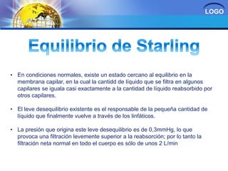 LOGO
• En condiciones normales, existe un estado cercano al equilibrio en la
membrana capilar, en la cual la cantidd de líquido que se filtra en algunos
capilares se iguala casi exactamente a la cantidad de líquido reabsorbido por
otros capilares.
• El leve desequilibrio existente es el responsable de la pequeña cantidad de
líquido que finalmente vuelve a través de los linfáticos.
• La presión que origina este leve desequilibrio es de 0,3mmHg, lo que
provoca una filtración levemente superior a la reabsorción; por lo tanto la
filtración neta normal en todo el cuerpo es sólo de unos 2 L/min
 