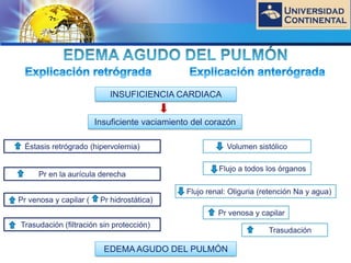 LOGO
INSUFICIENCIA CARDIACA
Insuficiente vaciamiento del corazón
Éstasis retrógrado (hipervolemia)
Pr en la aurícula derecha
Pr venosa y capilar ( Pr hidrostática)
Trasudación (filtración sin protección)
EDEMA AGUDO DEL PULMÓN
Volumen sistólico
Flujo a todos los órganos
Flujo renal: Oliguria (retención Na y agua)
Pr venosa y capilar
Trasudación
 
