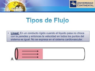 LOGO
• Lineal: En un conducto rígido cuando el líquido pasa no choca
con la paredes y entonces la velocidad en todos los puntos del
sistema es igual. No se expresa en el sistema cardiovascular.
 