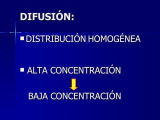 DIFUSIÓN: DISTRIBUCIÓN   HOMOGÉNEA ALTA CONCENTRACIÓN  BAJA CONCENTRACIÓN 