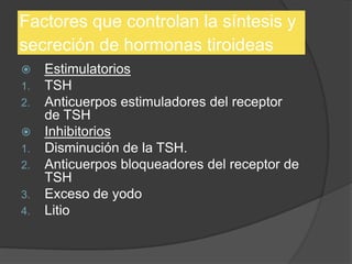 Factores que controlan la síntesis y
secreción de hormonas tiroideas
 Estimulatorios
1. TSH
2. Anticuerpos estimuladores del receptor
de TSH
 Inhibitorios
1. Disminución de la TSH.
2. Anticuerpos bloqueadores del receptor de
TSH
3. Exceso de yodo
4. Litio
 