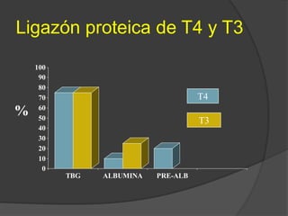 Ligazón proteica de T4 y T3
0
10
20
30
40
50
60
70
80
90
100
TBG ALBUMINA PRE-ALB
T4
T3
%
 