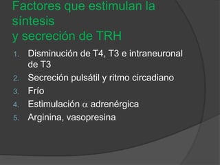 Factores que estimulan la
síntesis
y secreción de TRH
1. Disminución de T4, T3 e intraneuronal
de T3
2. Secreción pulsátil y ritmo circadiano
3. Frío
4. Estimulación adrenérgica
5. Arginina, vasopresina
 