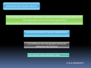 Las arterias proceden de la mesentérica superior y de la mesentérica inferior. El
colon sigmoides recibe tres arterias sigmoideas
Las venas terminan En las dos mesentéricas.
Los linfáticos van a los ganglios del borde
adherente del intestino
Los nervios vienen del plexo solar.
ANATOMIA DE COLONY RECTO
C.S.A 25/04/2011
 